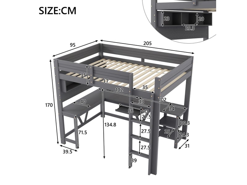 Lit mezzanine enfant 90x200 cm avec bureau gaming, en pin et mdf gris, led 7 couleurs, rangements, 2 prises secteur et 2 ports usb Fay Lum - Conforama C