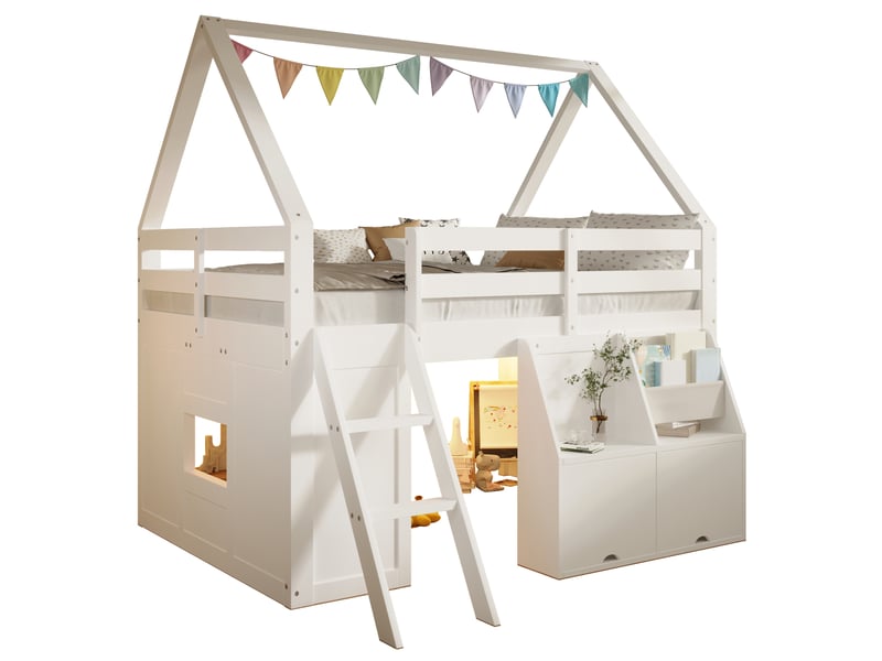 Lit mezzanine 180x200 cm, structure en bois, coloris blanc, rangements intégrés, éclairage led, escalier sécurisé, garde-corps, design cabane - Conforama A