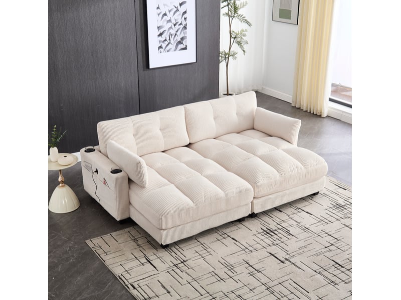  Canapé modulable modenvie 2 places en velours côtelé beige, séparable, 2 coussins, ports usb, 4 porte-gobelets et 4 poches latérales, 224 x 140 x 81 cm  - Conforama E