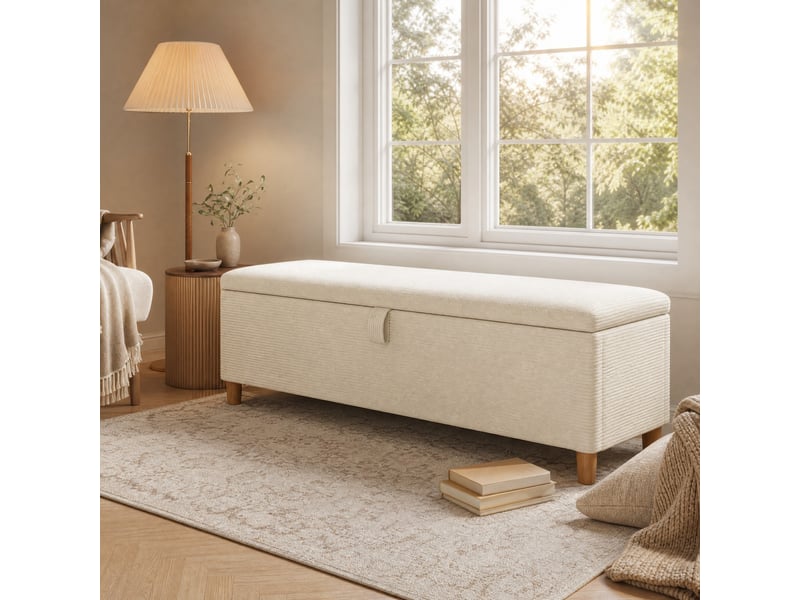  Lit double 180 x 200 cm chêne clair et beige avec rangement, led et banc de lit  - Conforama C