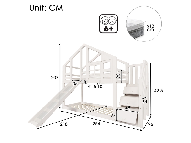 Lit cabane enfant 90x200 cm – lit montessori scandinave avec tiroirs et protection anti-chute, mdf, blanc, sans matelas - Conforama C