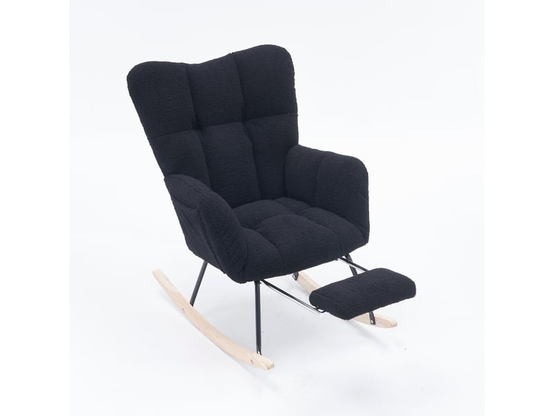  Rocking-chair en tissu teddy avec repose-pieds pliable, dossier haut ergonomique et accoudoirs, noir, 70 × 98 × 98,5 cm  - Conforama A