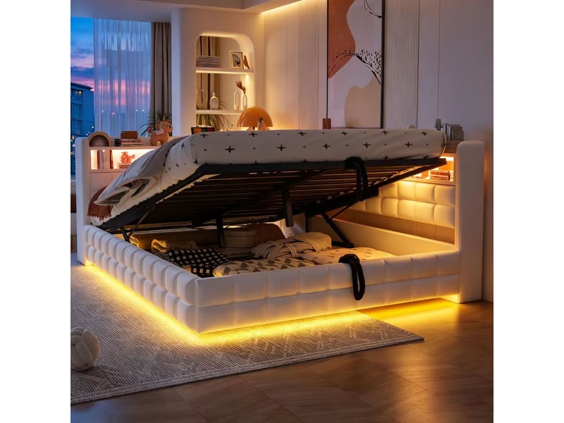  Lit coffre hydraulique 140x200 cm avec rangements, led et prises usb-c, velours beige, sans matelas  - Conforama W