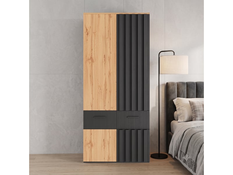 Armoire penderie 90 x 50 x 200 cm - 1 barre de penderie - 2 tiroirs - 2 compartiments de rangement - noir et bois naturel - Conforama B