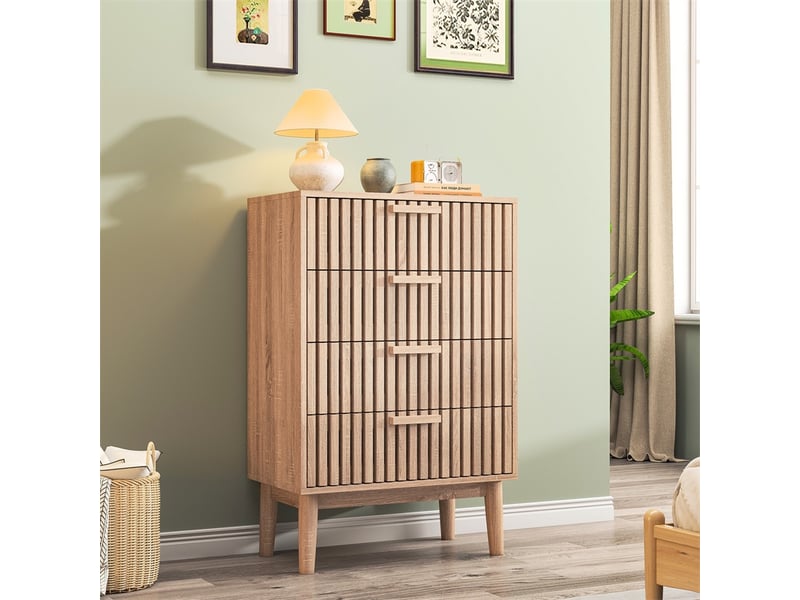 Commode 4 tiroirs 60 x 34 x 91 cm - meuble de rangement en bois avec façade rainurée - bois naturel - Conforama D