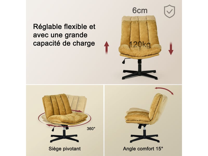 Fauteuil salon pivotant sur 360°, réglable en hauteur, sans accoudoirs, en tissu chenille, jaune  - Conforama D