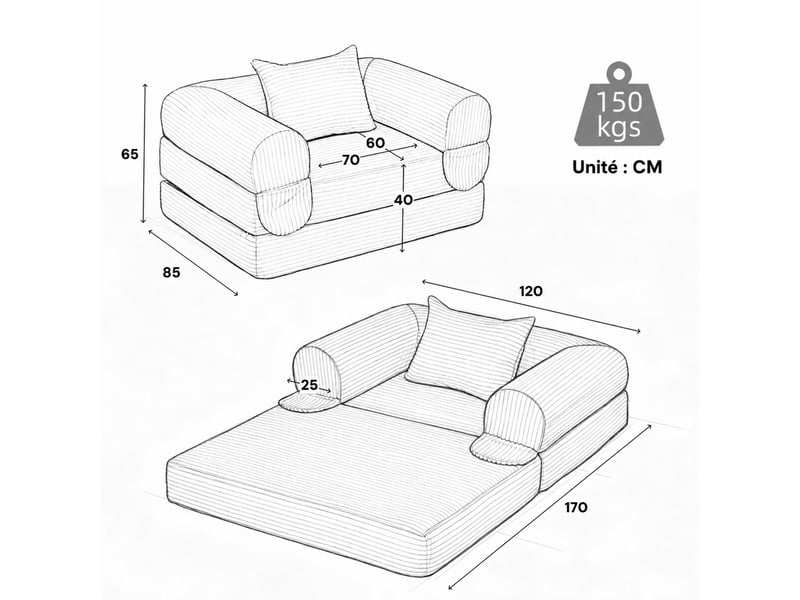  Fauteuil convertible 1 place en lit sans montage  - coussin inclus, velours côtelé - orange  - Conforama E
