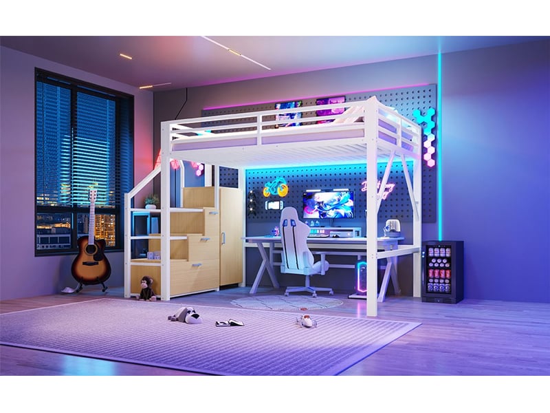  Lit mezzanine 140 x 200 cm compartiments de rangement meuble intégré éclairage led structure métal blanc  - Conforama B