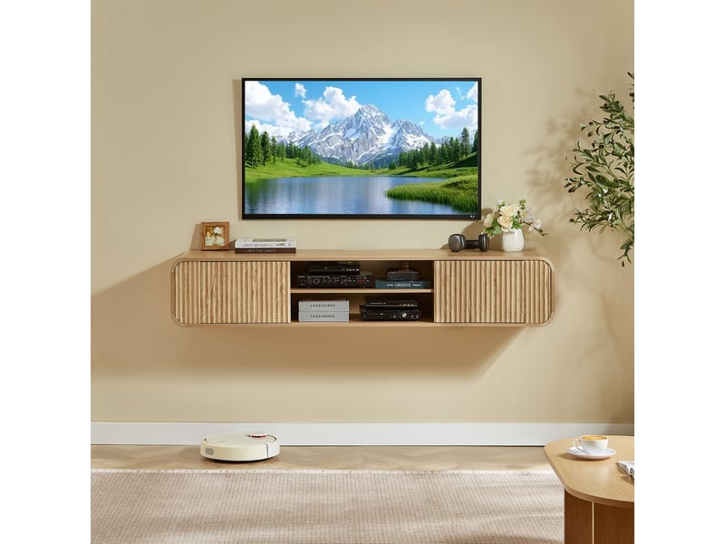  Meuble tv mural suspendu 160 cm avec niches ouvertes, portes rainurées, coins arrondis, passe-câbles intégré, finition bois naturel, pour salon  - Conforama B