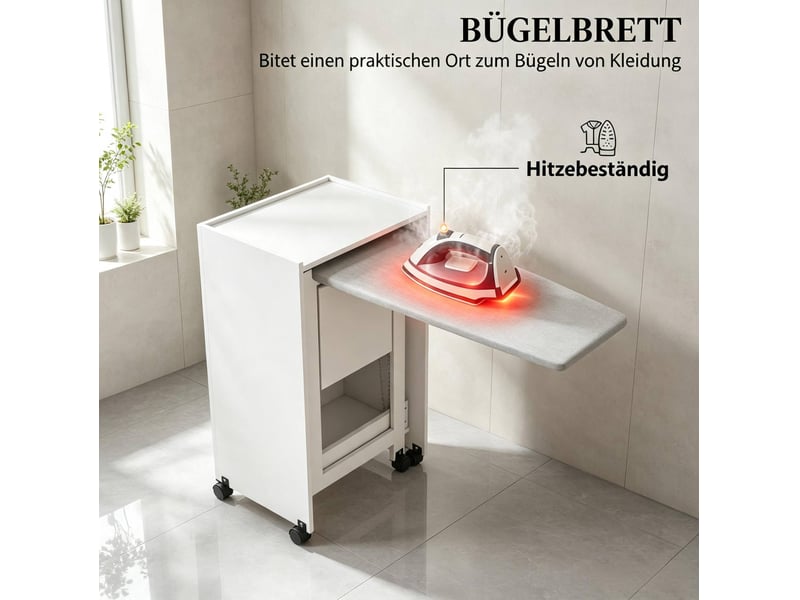 Meuble à repasser pliable 154x55x87 cm – blanc – rangement intégré, roulettes et fermeture douce - Conforama E