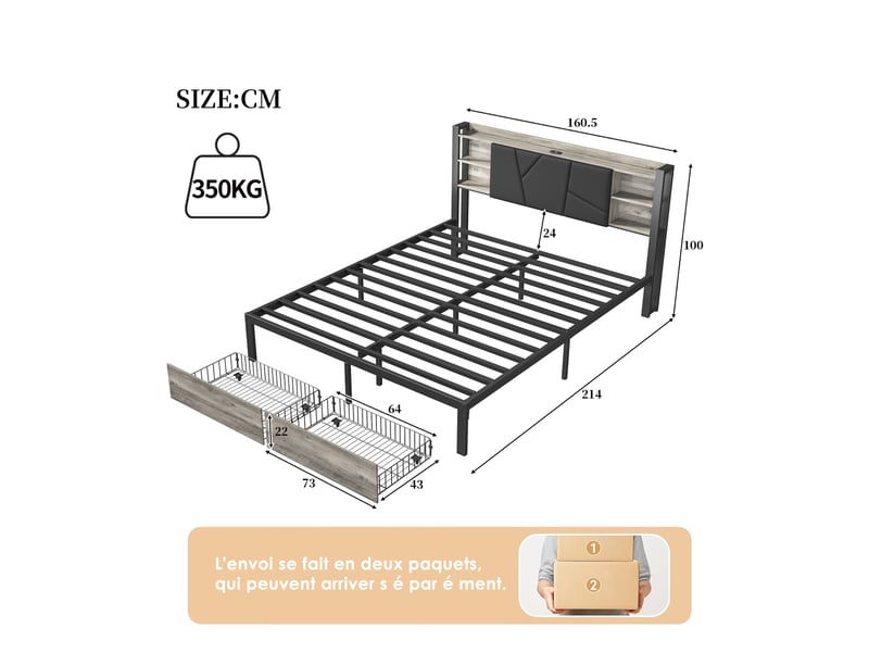  Lit 160x200cm - lit double 160x200 avec led, 2 tiroir, tête de lit de rangement, prises usbtype-c - noir  - Conforama E