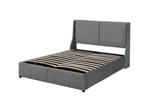 Lit 140x190 cm gris capitonné – tête coussin, rangement hydraulique intégré