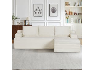 Canapé 4 places - 238x152x66cm - modulable sans montage avec méridienne droite et tissu velours côtelé - beige