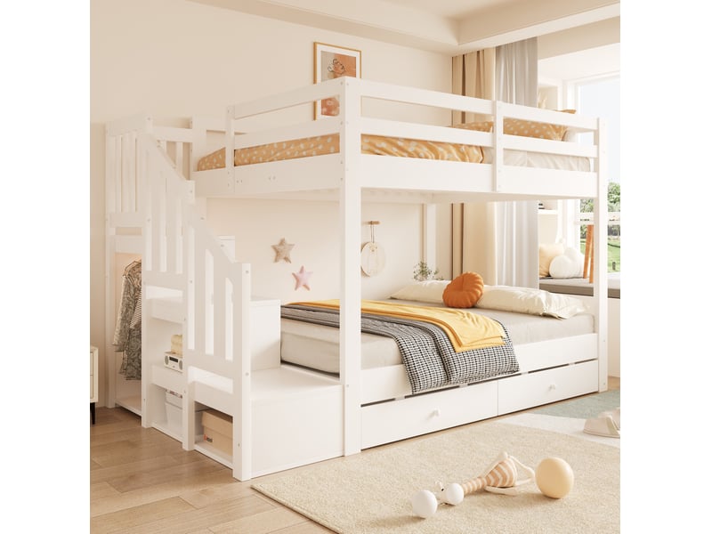  Lit superposé 140x200 cm avec rangement bois et mdf blanc sans matelas  - Conforama D