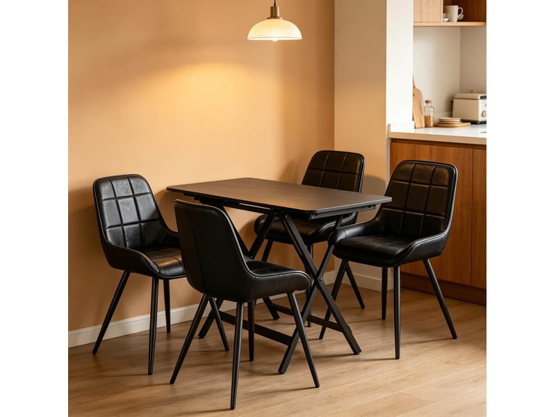  Lot de 4 chaises de salle à manger à dossier haut rembourré avec patins réglables en similicuir et métal noir  - Conforama E
