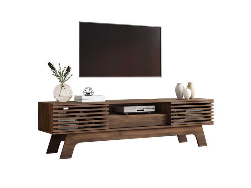  Meuble tv en mdf 150 x 35 x 44 cm avec portes à lamelles, tiroir et passe-câbles, noyer  - Conforama A
