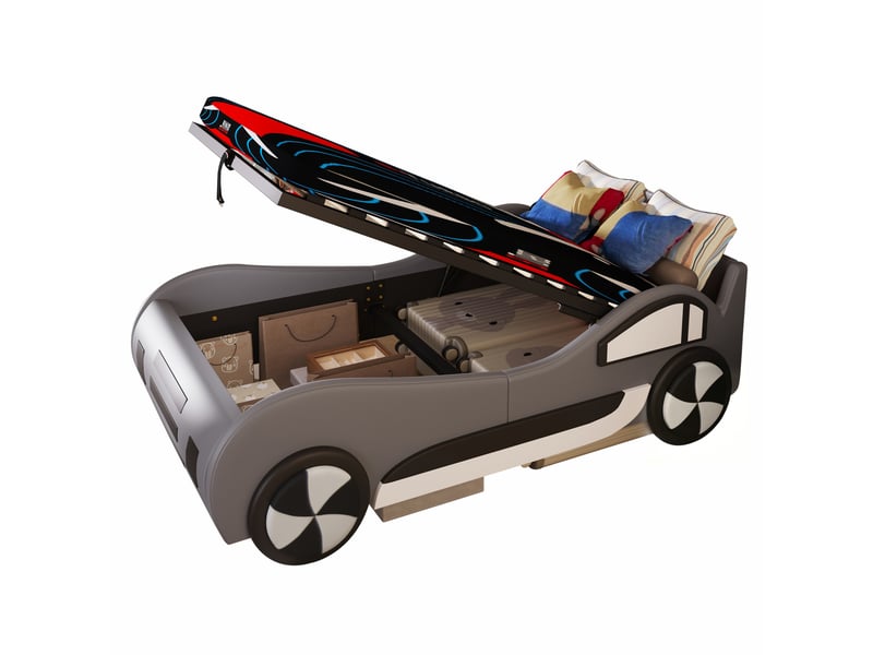  Lit voiture enfant modenvie 90 x 200 cm avec rangement hydraulique, gris, pu et mdf  - Conforama A