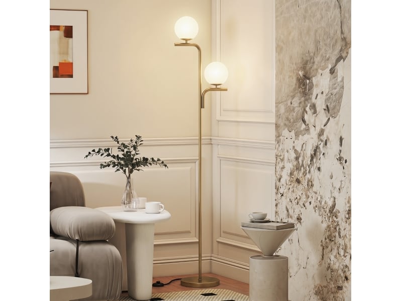  Lampadaire led 33x28x170 cm doré, verre et acier, double tête, 3 températures de couleur, interrupteur au pied  - Conforama E