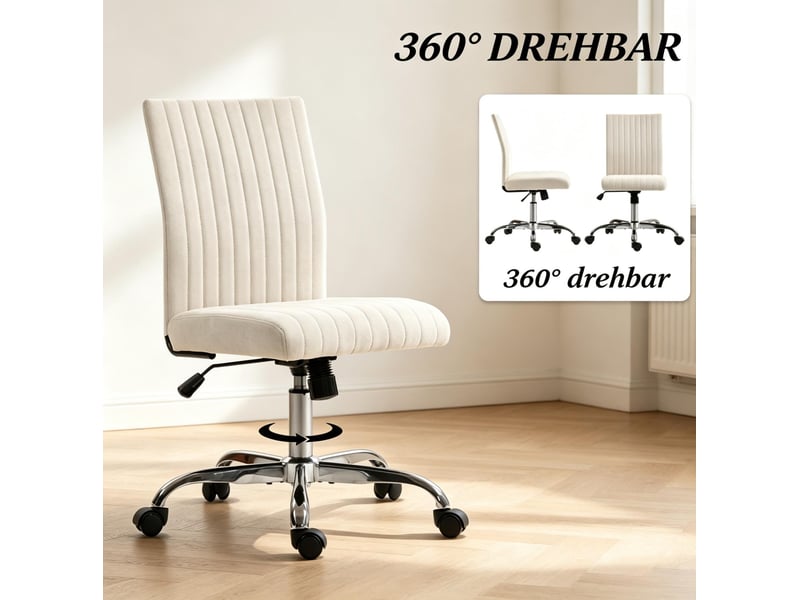  Chaise de bureau sans accoudoirs 43 x 56 cm - crème - pivotante 360°, hauteur réglable et tissu effet lin  - Conforama E