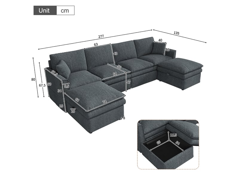  Canapé d'angle modulable 6 places 277x135 cm – gris – 2 poufs de rangement, ports usb et usb-c  - Conforama C
