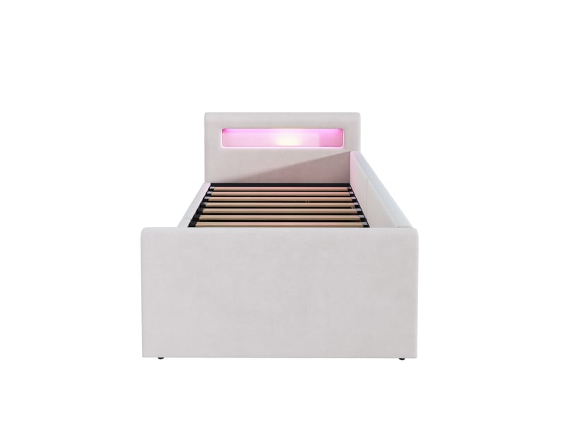  Lit enfant 90x200 cm beige velours avec led lumière de nuit port usb rangement hydraulique et étagère Sol Morn - Conforama A