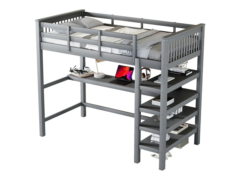  Lit mezzanine enfant 90 x 200 cm avec bureau et étagères, gris, sans matelas  - Conforama A