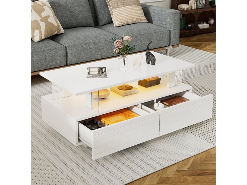  Table basse led blanche avec rangement, table de salon rectangulaire 100x50 cm, contrôle bluetooth  - Conforama D