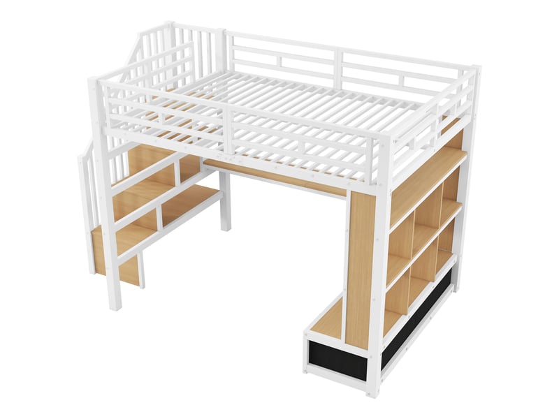  Lit mezzanine blanc 140x200 cm en métal et mdf avec bureau, étagères, deux tiroirs intégrés et escalier de rangement  - Conforama E