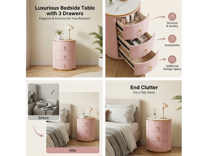  Table de chevet tcqpz ronde 3 tiroirs 40 x 40 x 52,5 cm velours rose plateau effet marbre  - Conforama E