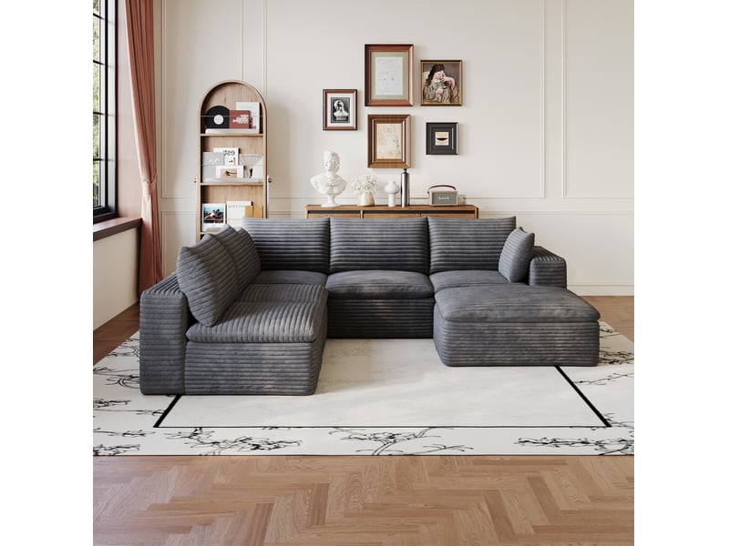 Canapé modulable tcqpz 260 x 250 cm 6 places en velours côtelé gris foncé double couche sans montage - Conforama D