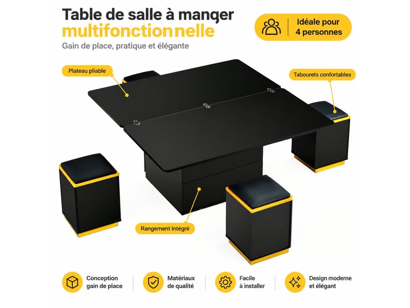  Table basse relevable avec plateau dépliable et 4 tabourets de rangement, noire et jaune, 100 x 50 x 43 cm  - Conforama A