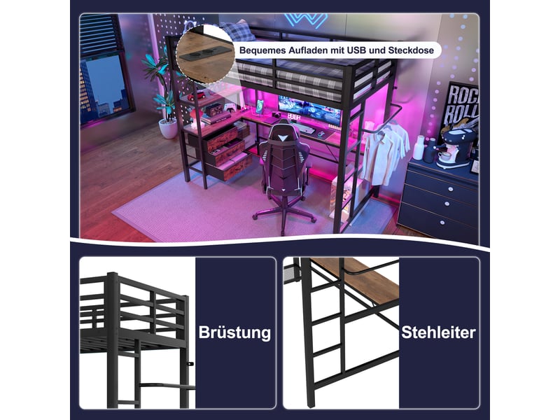  Lit mezzanine enfant 90x200 cm, led, tiroirs, bureau, charge, étagère, sommier, métal noir, sans matelas  - Conforama D