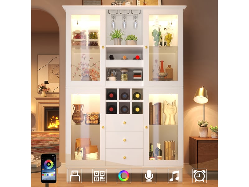  Meuble de cuisine muvano blanc, buffet bar avec 3 tiroirs et éclairage led, 120 × 40 × 180,5 cm  - Conforama B