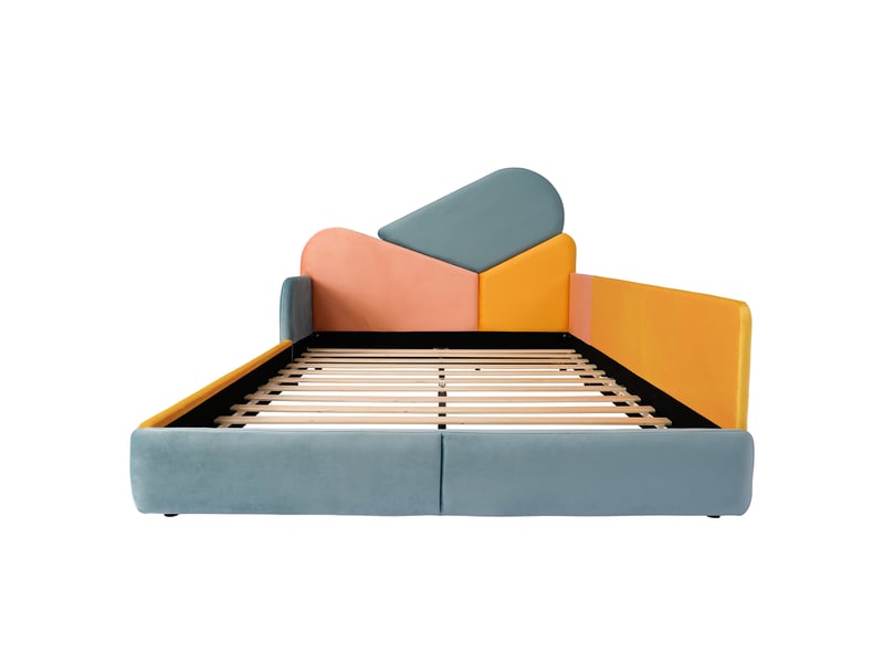  Lit enfant 140x200 cm avec sommier à lattes, velours bleu patchwork et protection latérale  - Conforama R