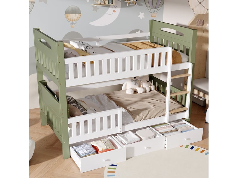  Lit superposé enfant modenvie 2 couchages 90 x 200 cm avec échelle, barrière de sécurité, étagère et 3 tiroirs, blanc et vert  - Conforama D