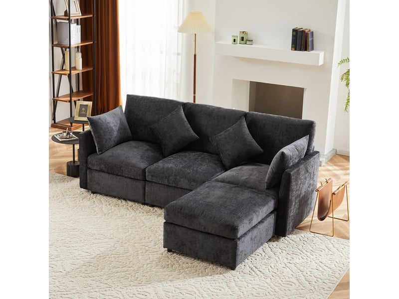  Canapé d'angle modenvie modulable 3 à 4 places avec pouf mobile en chenille gris 216 x 161 x 81 cm  - Conforama E