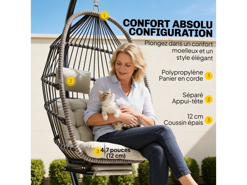 Fauteuil suspendu avec support, chaise suspendue pliante avec repose-pieds rétractable, gris clair - Conforama D