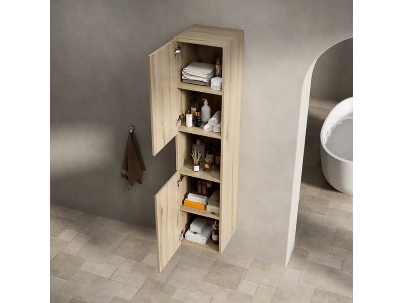 Armoire de salle de bain avec 2 portes, niche, étagères réglables et fermeture amortie, en contreplaqué chêne blanc - Conforama D