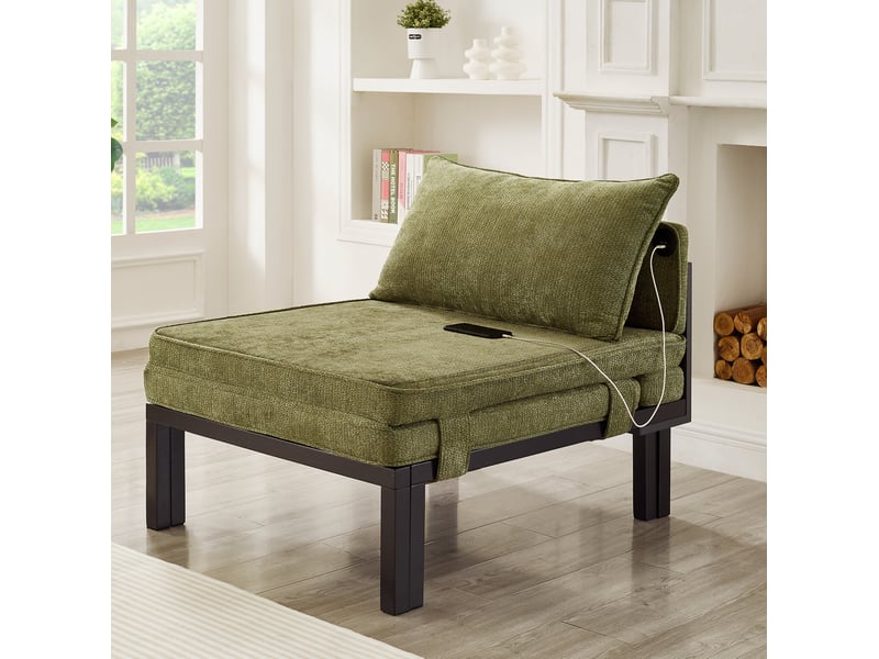  Canapé-lit pliable 1 place modenvie avec couchage convertible, port usb type-c, coussins en velours, cadre en bois, vert 176 x 82 x 79 cm  - Conforama D