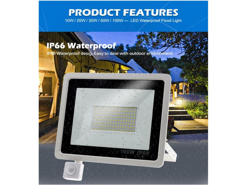  Lot de 1 projecteur led extérieur 10w détecteur de mouvement 3000k ip66, coquille blanche  - Conforama E