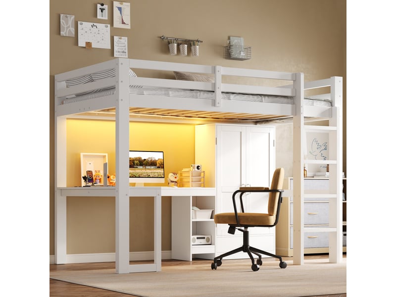 Lit mezzanine 1 place 90 × 200 cm avec bureau, armoire, étagères, usb et led réglable, sans matelas, blanc - Conforama C