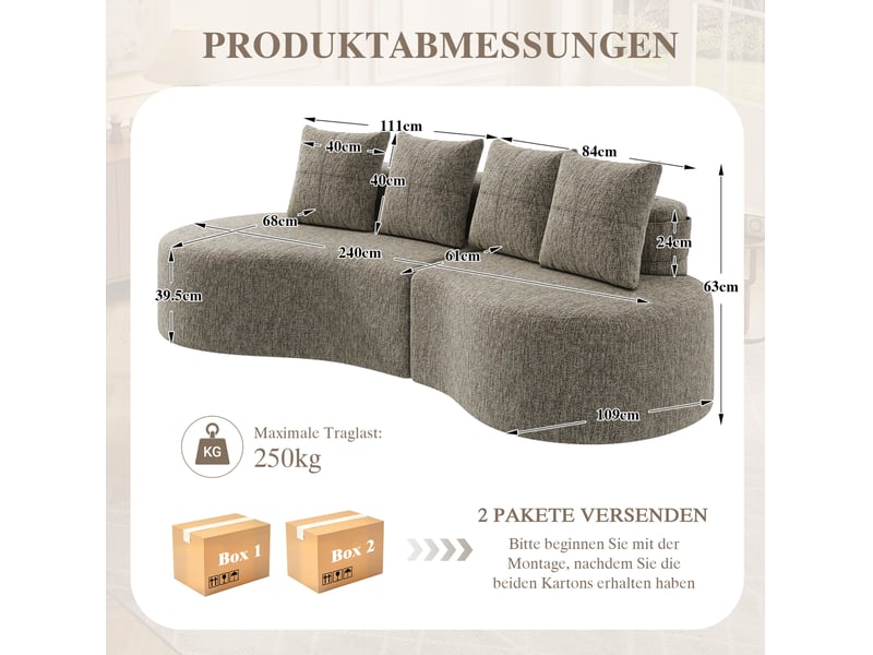 Canapé 4 places en tissu lin avec porte-gobelets et poche latérale khaki evryae - Conforama E