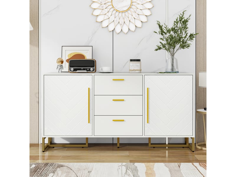 Buffet blanc 120x45x180 cm - 2 portes, 3 tiroirs - façades à motif chevrons, meuble contemporain - Conforama B