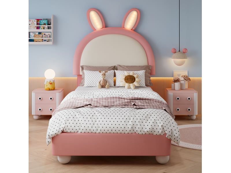 Lit enfant 90 x 200 cm avec tête de lit lapin led, rose et blanc, en pu  - Conforama D