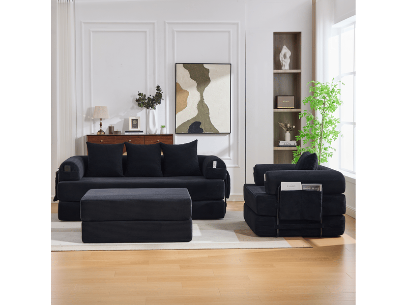 Canapé modulable 4 places en velours côtelé noir avec pouf et poche latérale, confort pour le salon - Conforama E