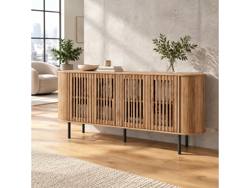 Buffet 160x40x70 cm à 4 portes coulissantes perforées en mdf coloris naturel  - Conforama C