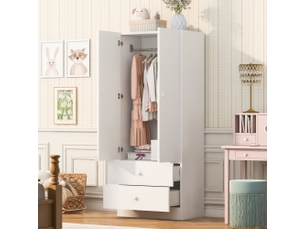 Armoire 70 x 40 x 170 cm avec penderie et 2 grands tiroirs, design à blocs de couleur - blanc