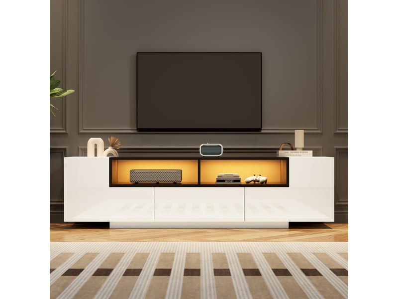  Meuble tv avec 2 placards en l, tiroir et led pour salon 180×40×48 cm en panneaux de particules blanc  - Conforama C
