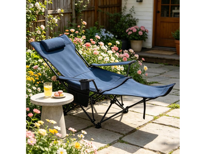  Fauteuil de camping pliant 115x84x88,5 cm bleu en tissu oxford et acier, avec repose-pieds et appui-tête  - Conforama E