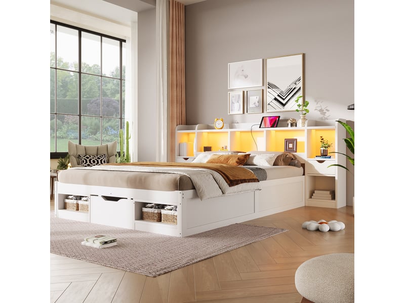  Lit avec tiroirs 140 × 200 cm 2 places, 3 tiroirs, étagères, led réglable et usb, matelas non inclus, mdf blanc  - Conforama B